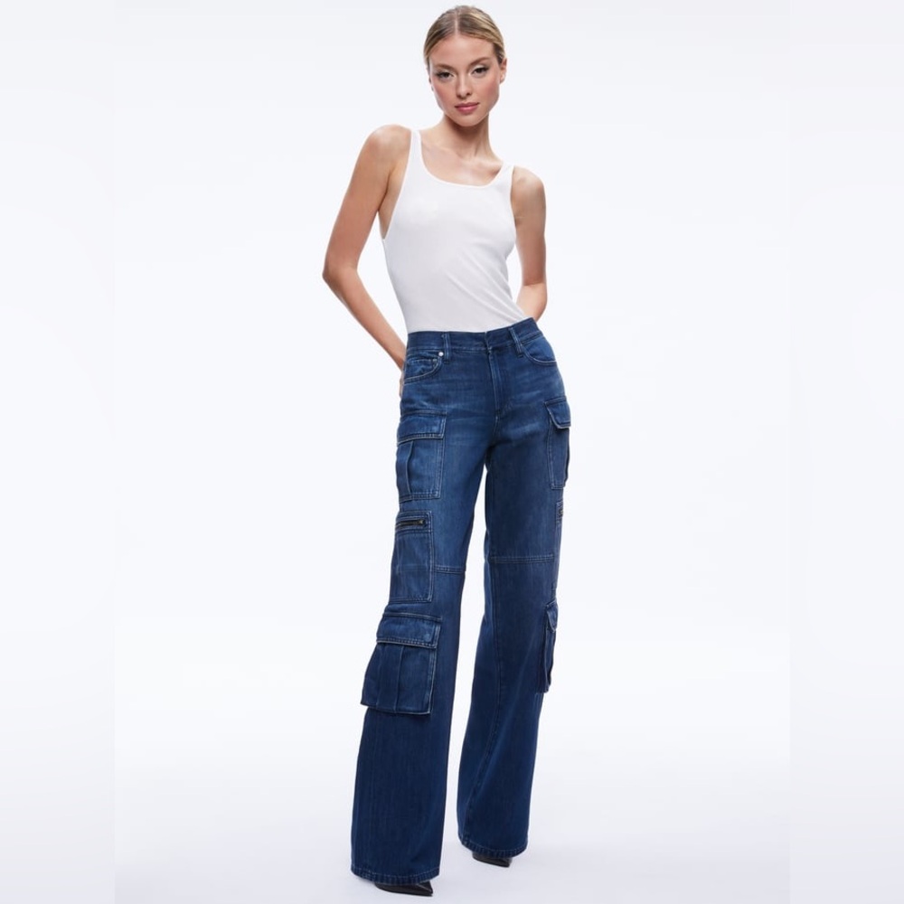 Alice + Olivia Cay Cargo Pant Jean Love Train Indigo wash size 24 wide leg baggy
